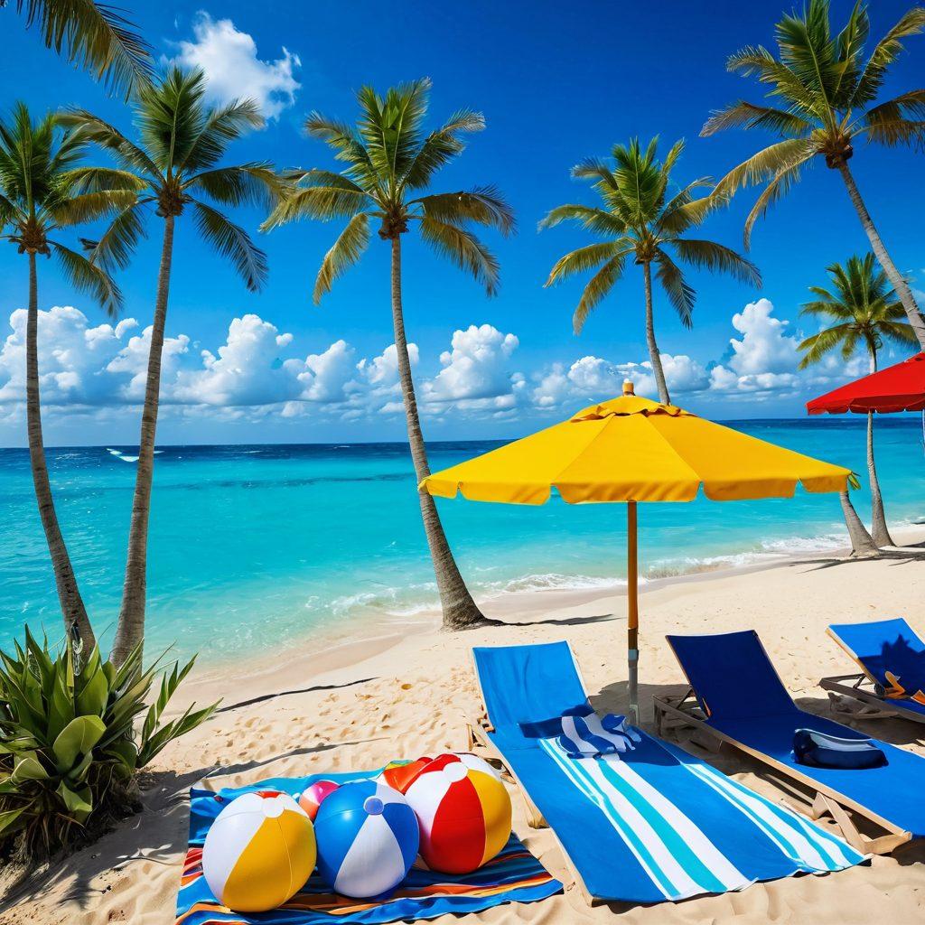 A sunny beach scene transitioning into a luxurious poolside, featuring colorful swimwear hung on vibrant beach towels. Include palm trees swaying in the breeze, beach balls, and a stylish sun lounger with a refreshing drink. The sky is bright blue, with fluffy white clouds, evoking a perfect summer vibe. super-realistic. vibrant colors. summer theme.