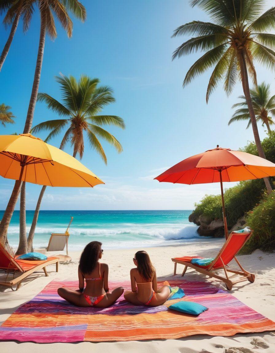 A sun-kissed beach scene featuring diverse individuals in stylish two-piece swimwear, lounging on colorful beach towels under vibrant umbrellas. Include a backdrop of crystal-clear waves, palm trees swaying gently, and beach accessories like sunglasses and beach bags scattered around. The setting should evoke a sense of summer fun and fashion, with bright, lively colors to enhance the atmosphere. super-realistic. vibrant colors.