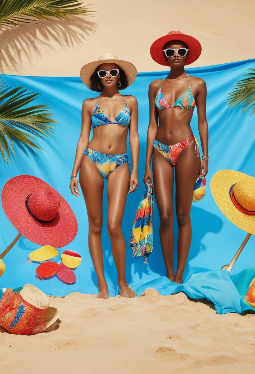 A collection of trendy two-piece swimwear displayed on a vibrant sandy beach, featuring diverse models showcasing bold patterns and colors. Sunlight glistens on the water, and stylish beach accessories like hats and sunglasses add flair. The background includes palm trees and a clear blue sky, creating a lively summer vibe. super-realistic. vibrant colors. natural lighting.